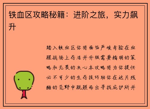 铁血区攻略秘籍：进阶之旅，实力飙升